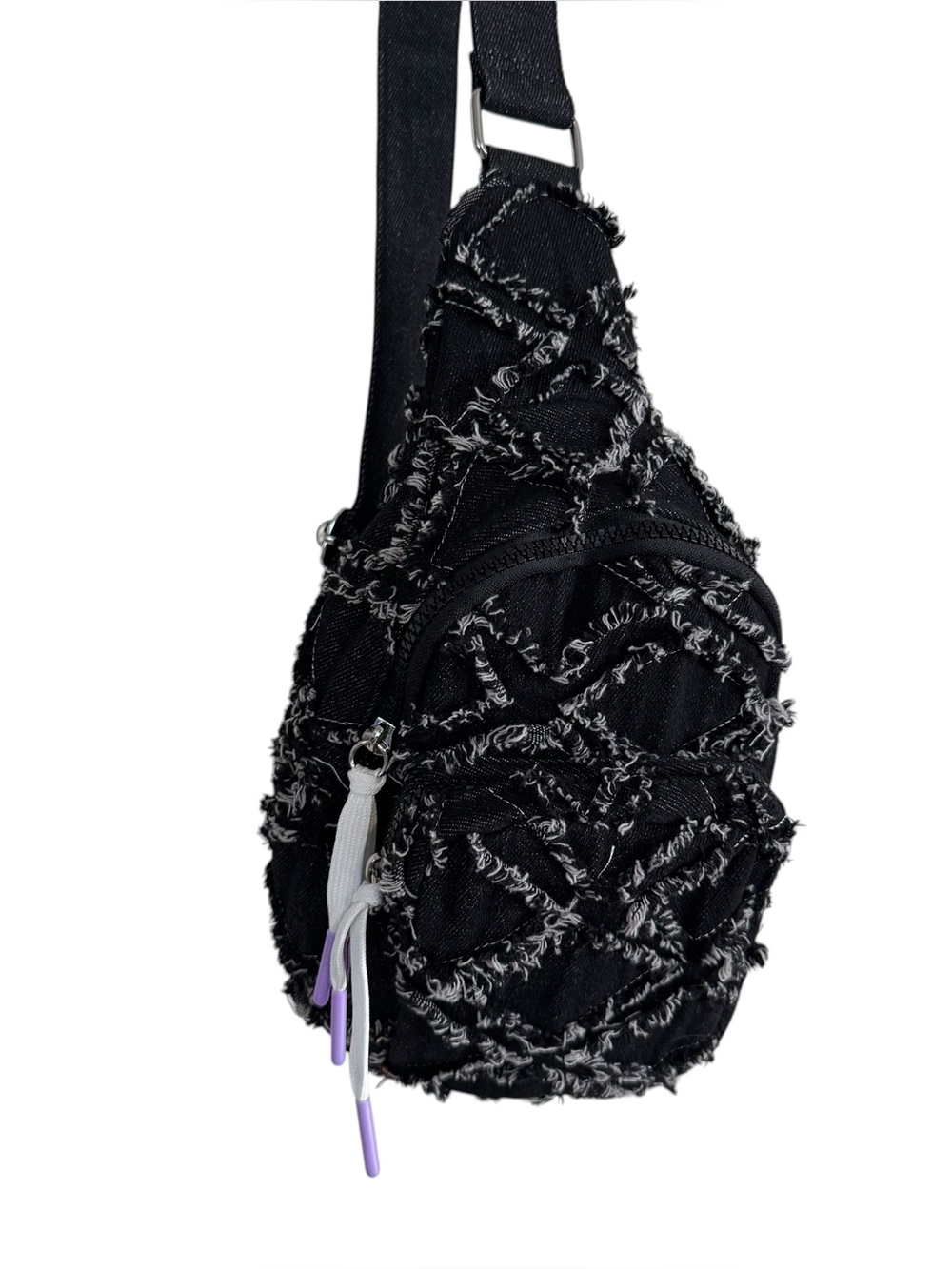 Wildfox | Black Distressed Denim Fringe Sling Bag